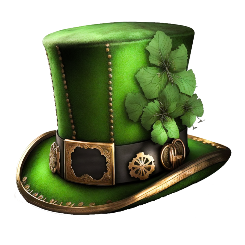 Green leprechaun hat with clover leaf isolated  free png