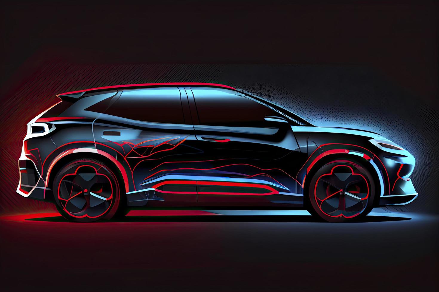 Electric SUV car with charging station by sketch line blue and red colors isolated on black background photo