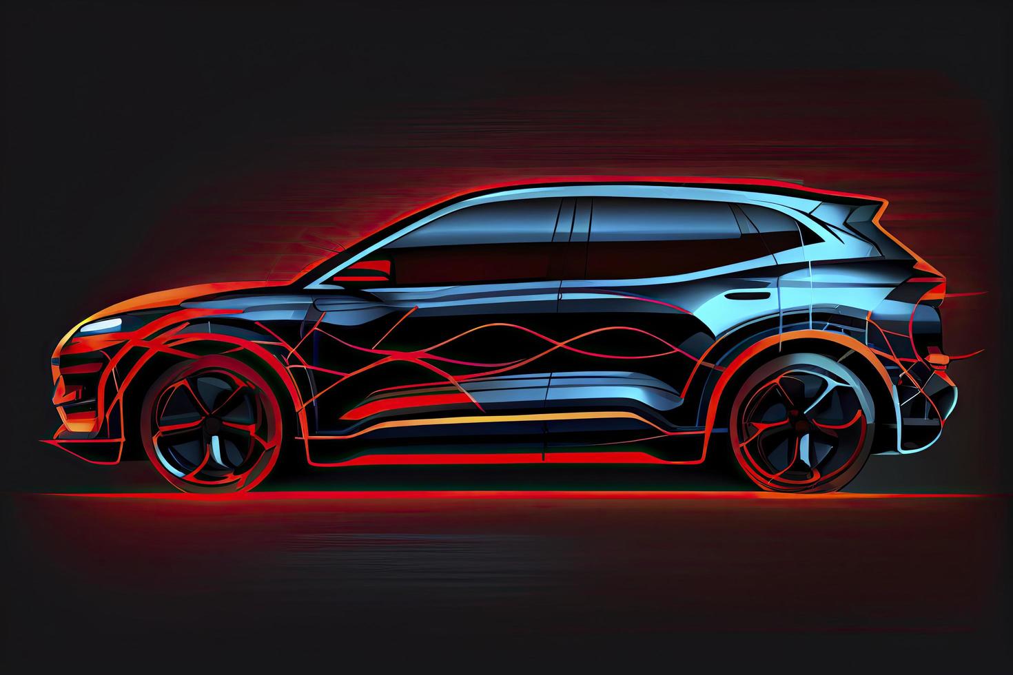 Electric SUV car with charging station by sketch line blue and red colors isolated on black background photo