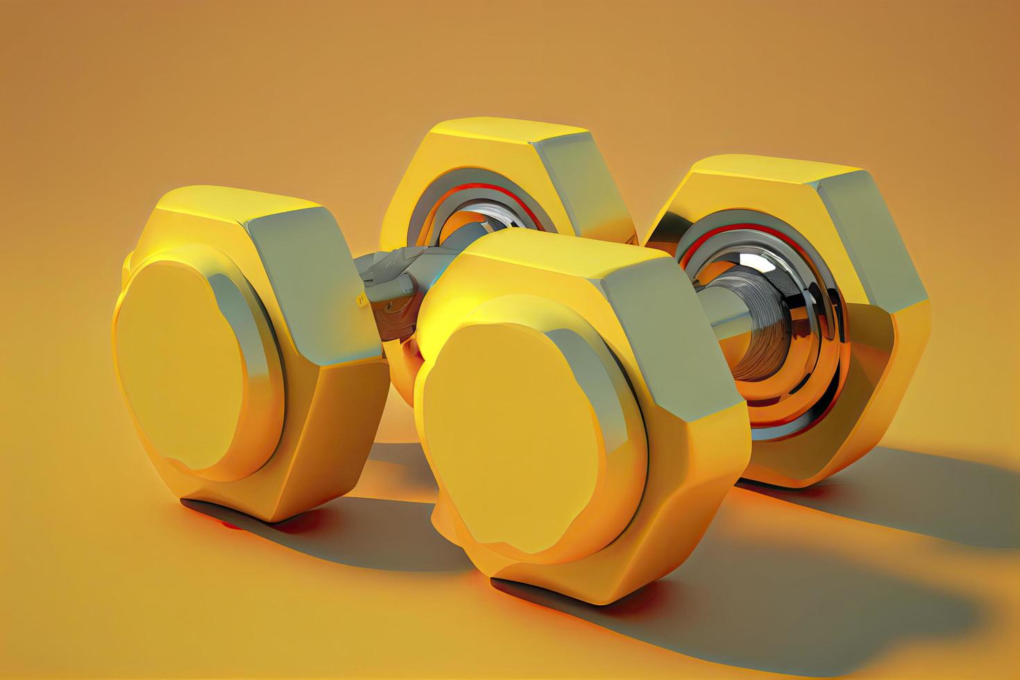 Two dumbbells on isolated yellow background. Fitness accessories photo