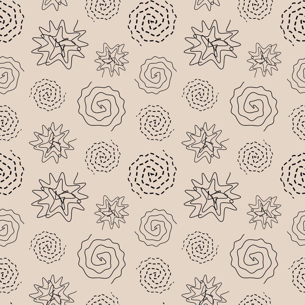 Seamless pattern with abstract twirls and spirals. Vector illustration of lines twisted in circle. Drawing of round dotted swirls and wavy whirls.