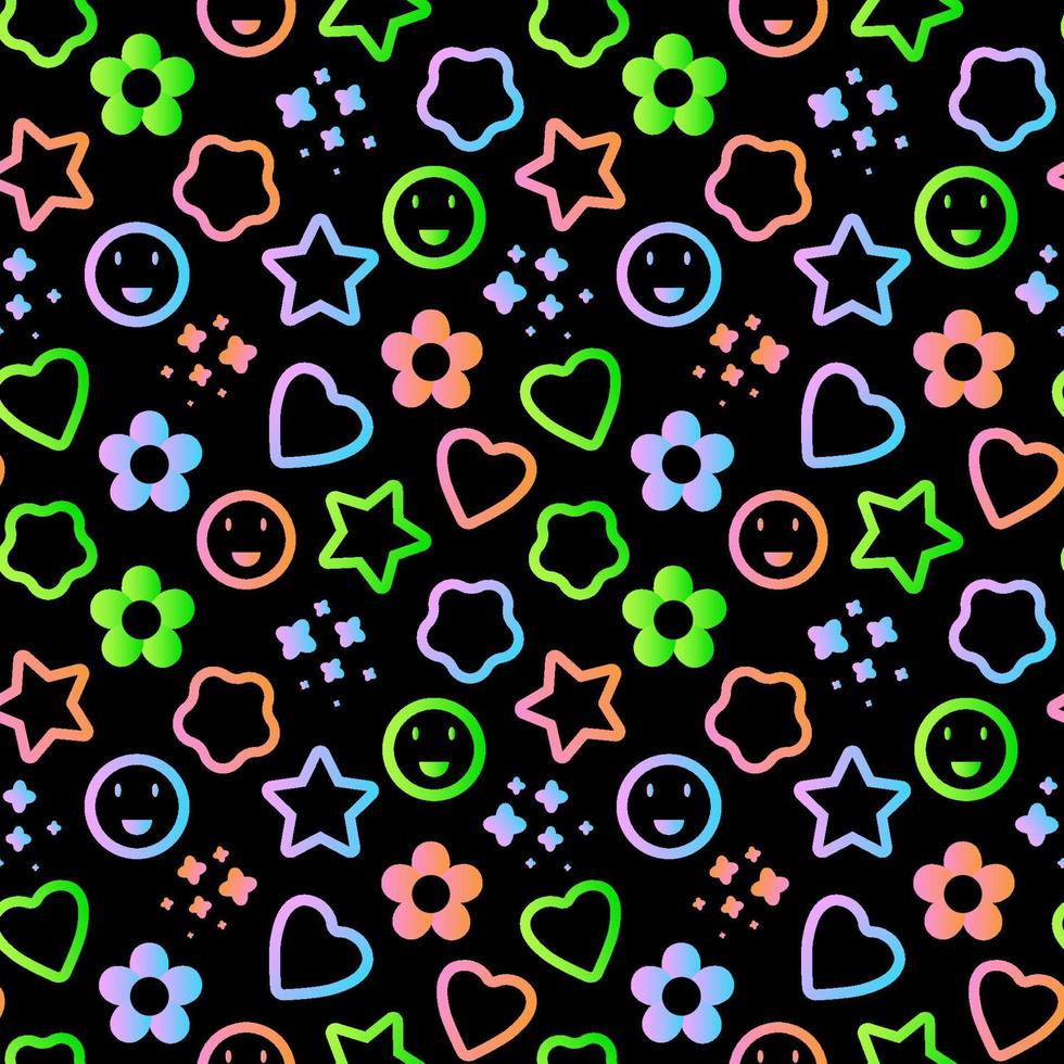 Seamless pattern of neon and acid elements. Vector illustration. Background with stars, hearts and flowers with trendy gradient colors.