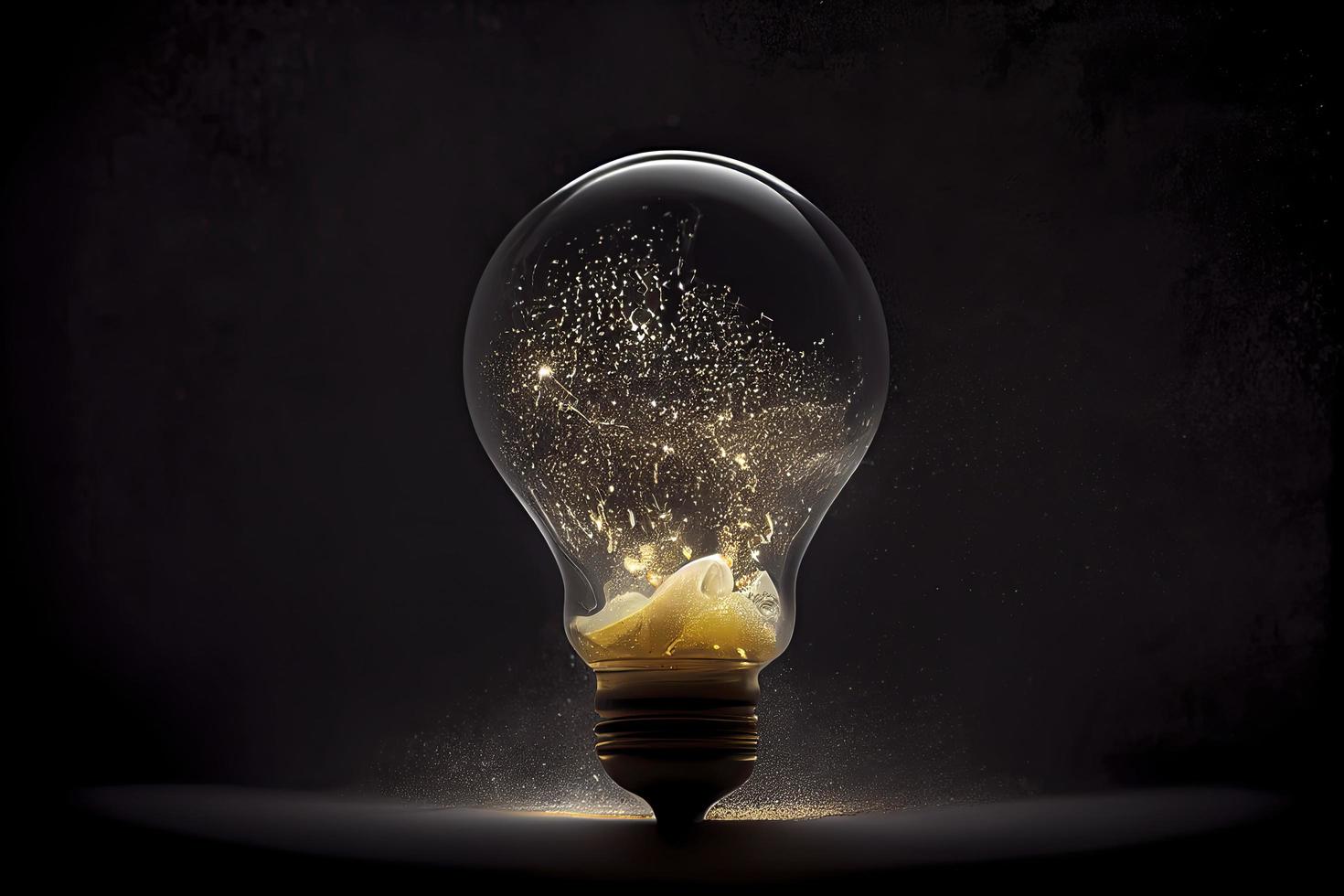 Sparkling light bulb on black background with ample copy space photo