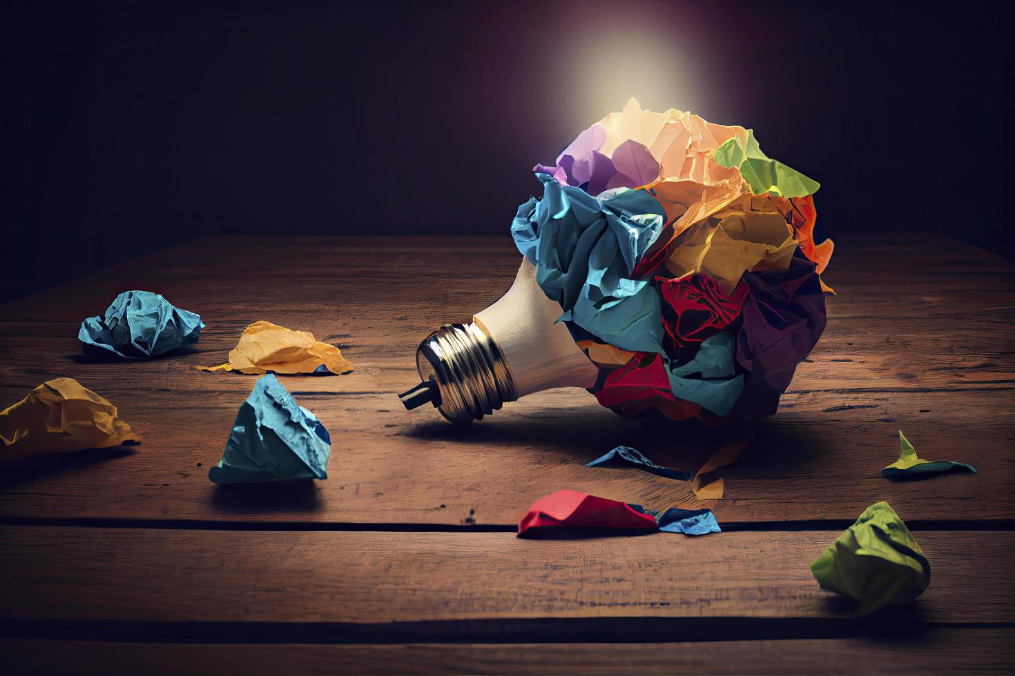 great idea concept with crumpled colorful paper and light bulb on wooden table photo