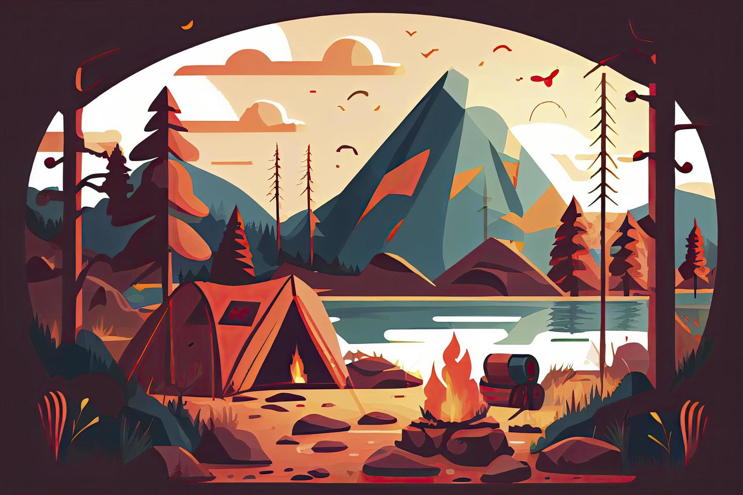 Sunny day landscape illustration in flat style with tent, campfire, mountains, forest and water. Background for summer camp, nature tourism, camping or hiking design concept photo