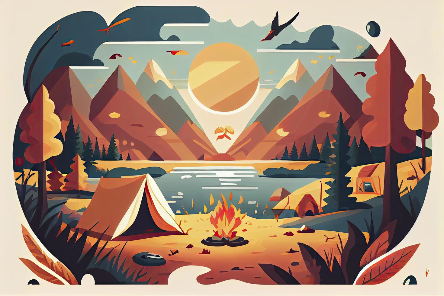 Sunny day landscape illustration in flat style with tent, campfire, mountains, forest and water. Background for summer camp, nature tourism, camping or hiking design concept photo