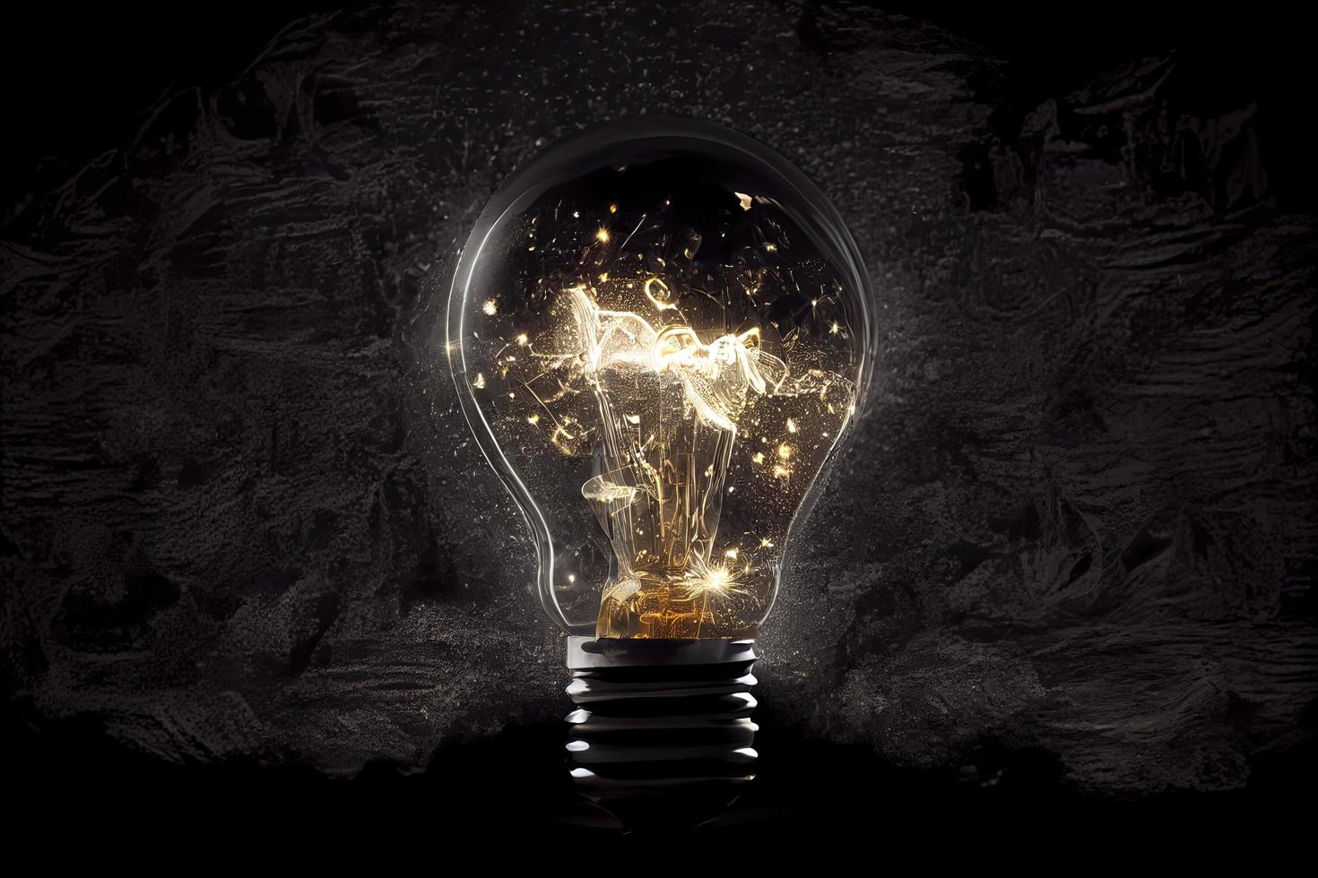 Sparkling light bulb on black background with ample copy space photo
