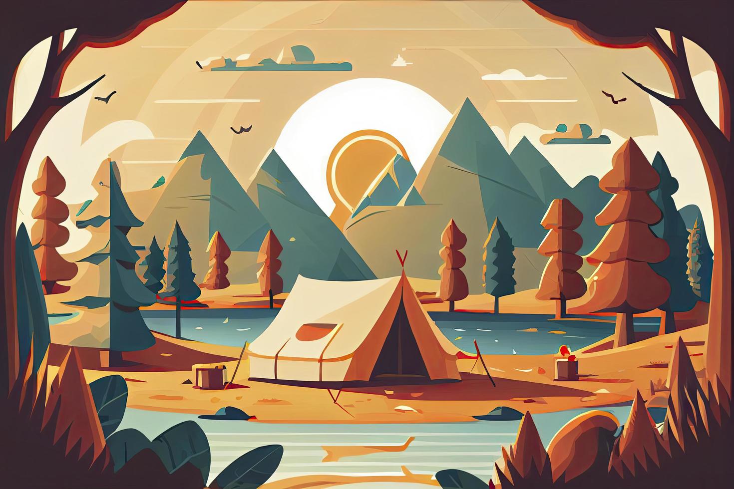 Sunny day landscape illustration in flat style with tent, campfire, mountains, forest and water. Background for summer camp, nature tourism, camping or hiking design concept photo