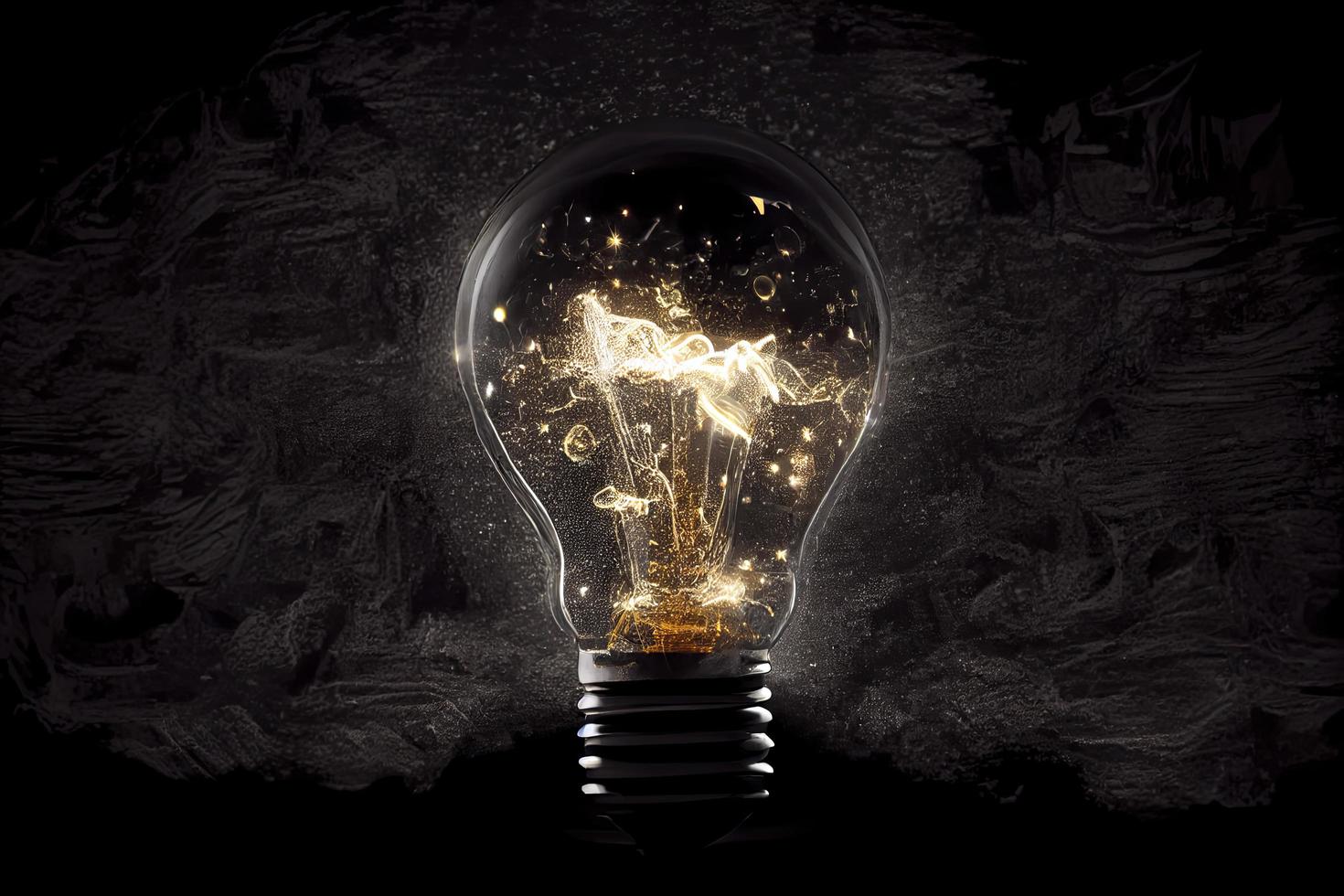 Sparkling light bulb on black background with ample copy space photo