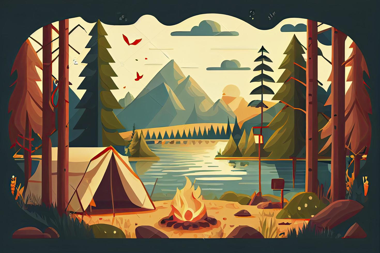 Sunny day landscape illustration in flat style with tent, campfire, mountains, forest and water. Background for summer camp, nature tourism, camping or hiking design concept photo