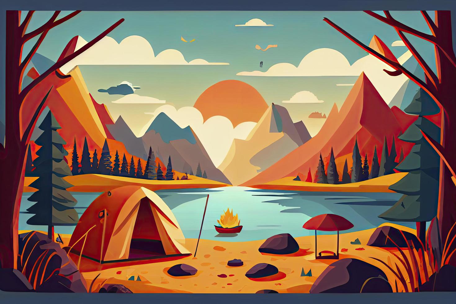 Sunny day landscape illustration in flat style with tent, campfire, mountains, forest and water. Background for summer camp, nature tourism, camping or hiking design concept photo
