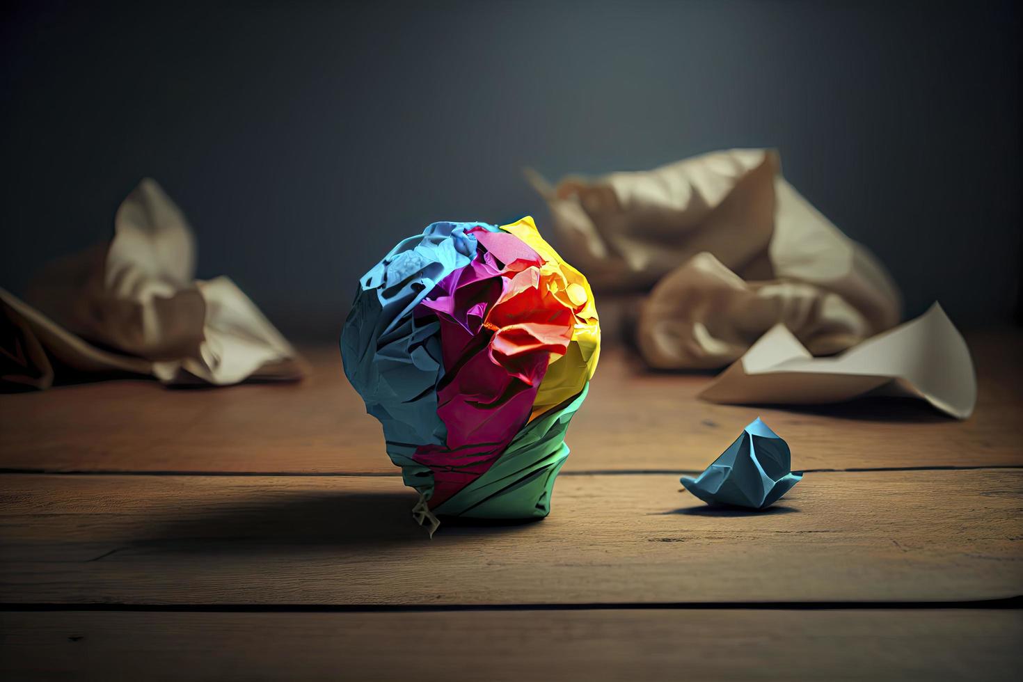 great idea concept with crumpled colorful paper and light bulb on wooden table photo