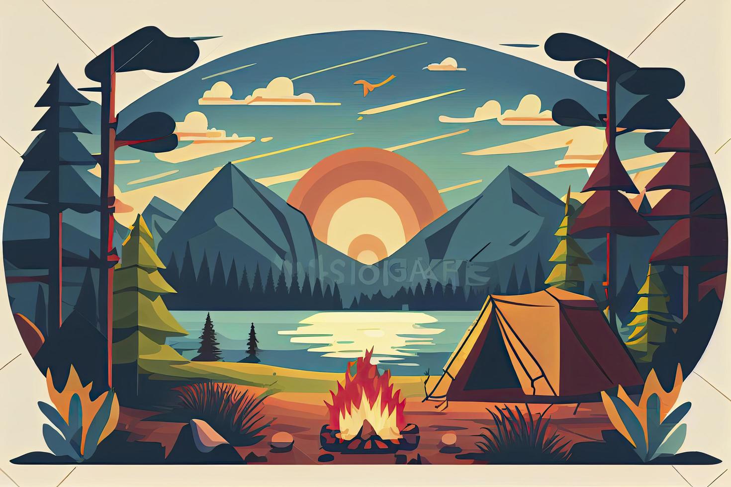 Sunny day landscape illustration in flat style with tent, campfire, mountains, forest and water. Background for summer camp, nature tourism, camping or hiking design concept photo