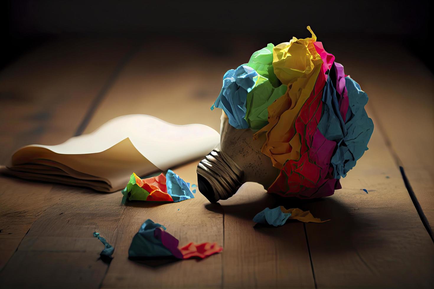 great idea concept with crumpled colorful paper and light bulb on wooden table photo