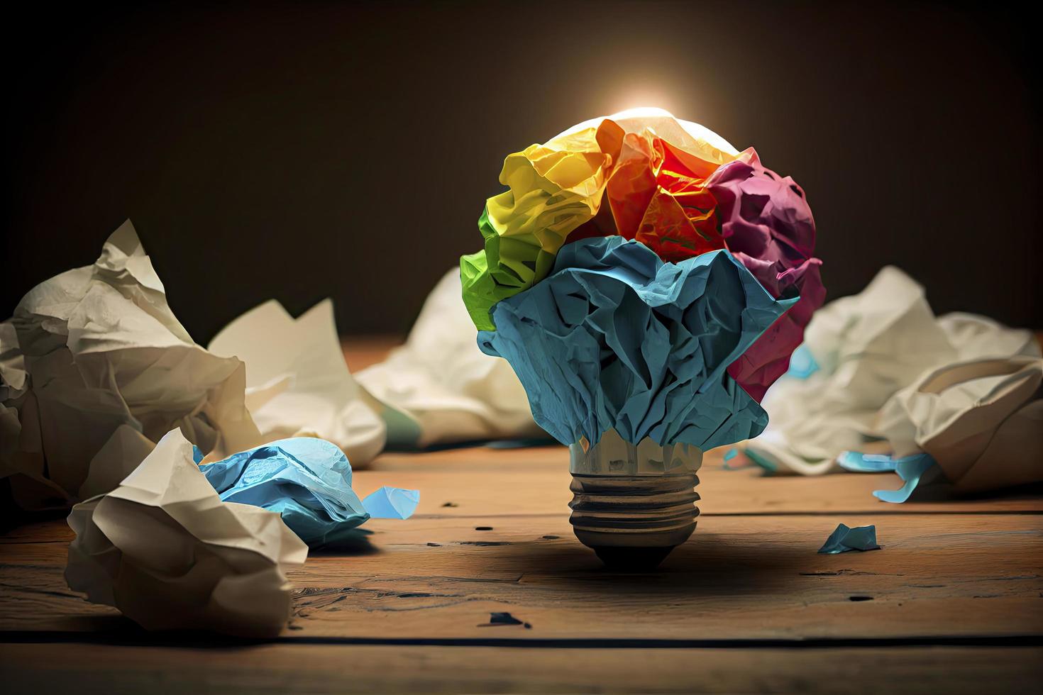 great idea concept with crumpled colorful paper and light bulb on wooden table photo