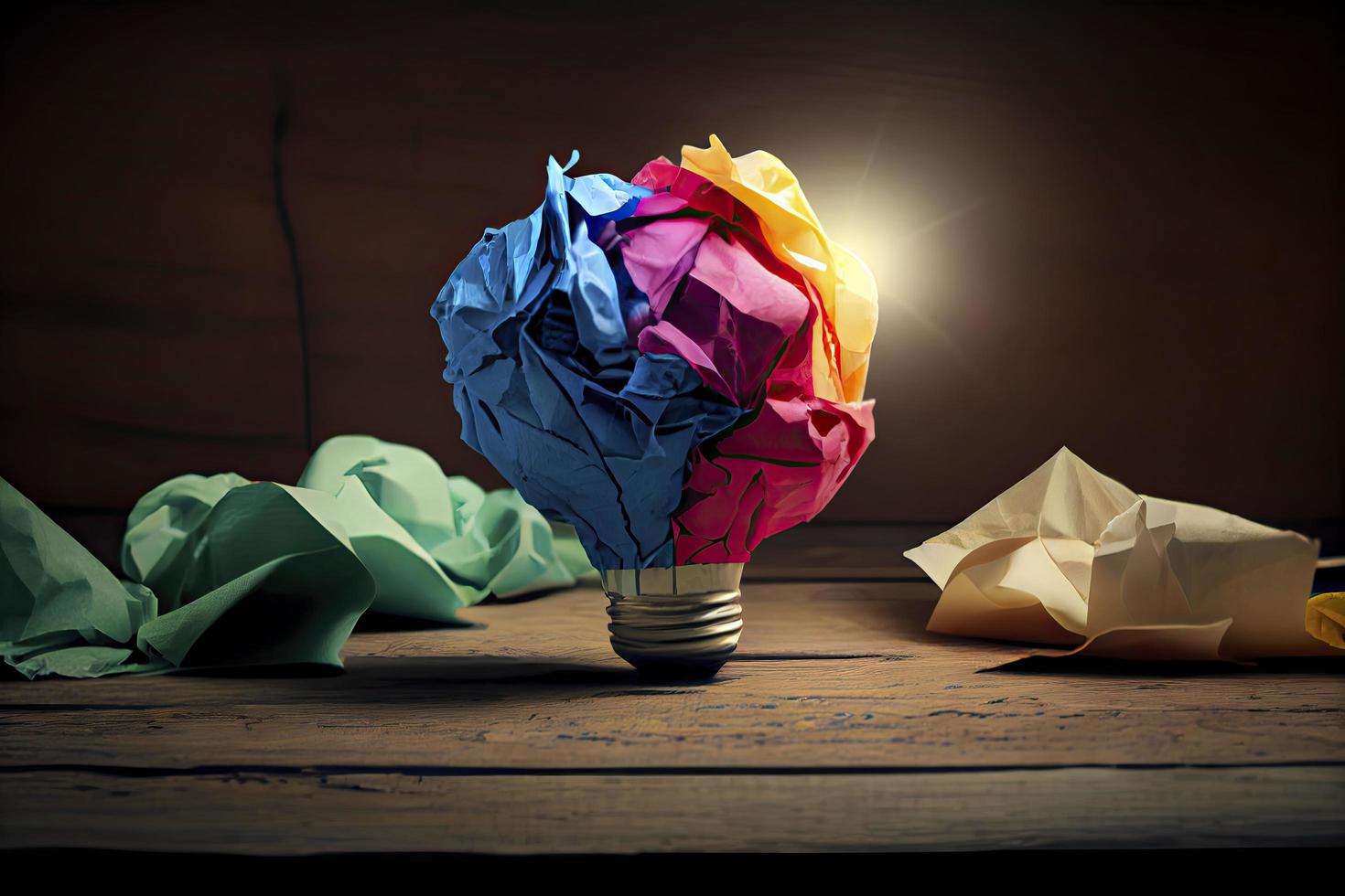 great idea concept with crumpled colorful paper and light bulb on wooden table photo