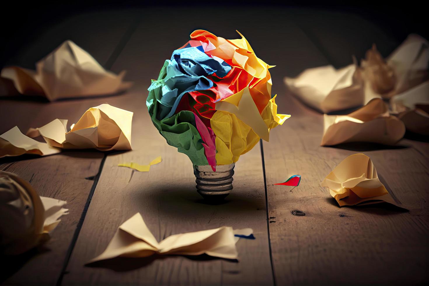 great idea concept with crumpled colorful paper and light bulb on wooden table photo