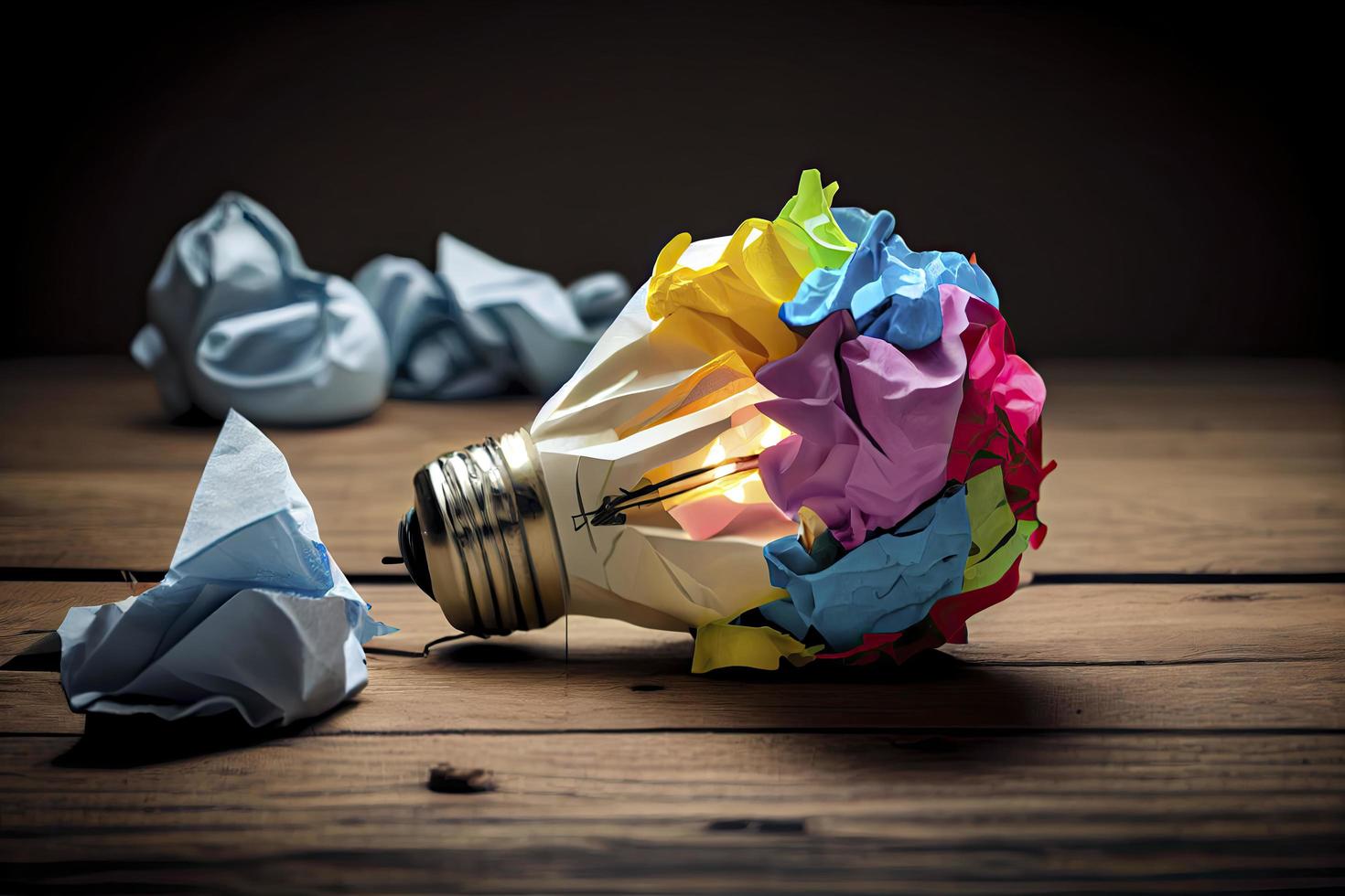 great idea concept with crumpled colorful paper and light bulb on wooden table photo