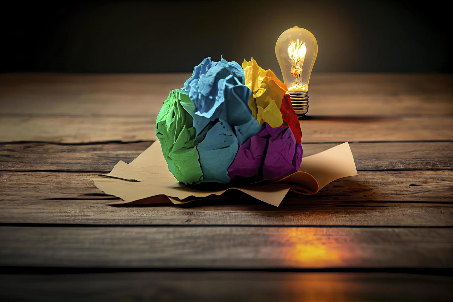 great idea concept with crumpled colorful paper and light bulb on wooden table photo