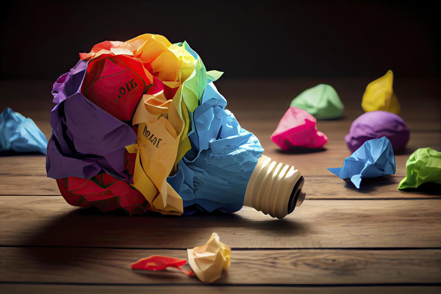 great idea concept with crumpled colorful paper and light bulb on wooden table photo