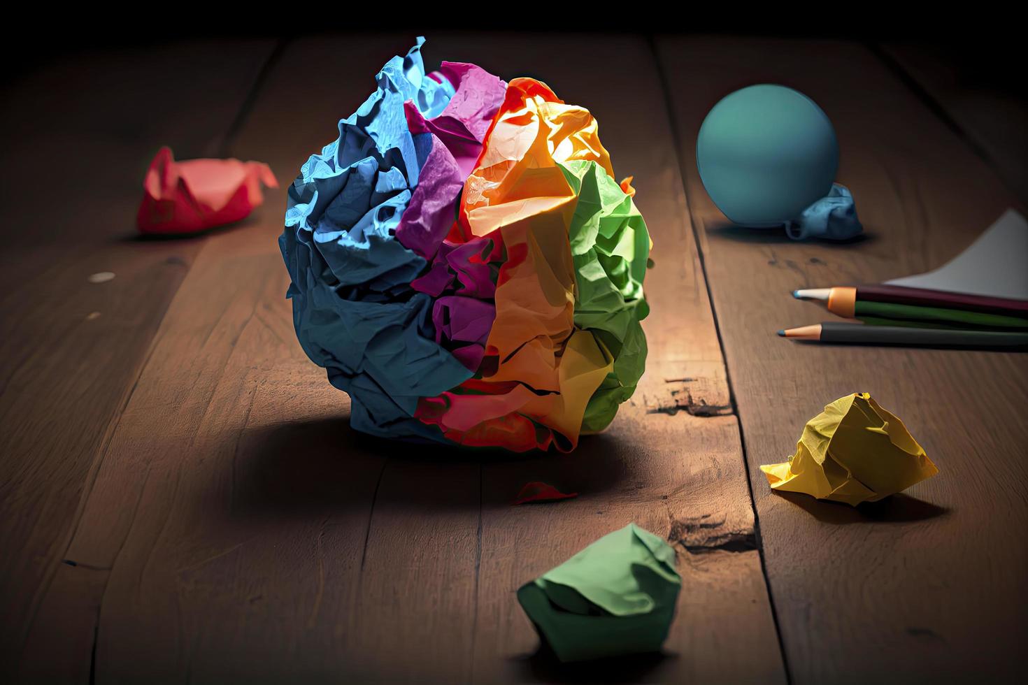 great idea concept with crumpled colorful paper and light bulb on wooden table photo