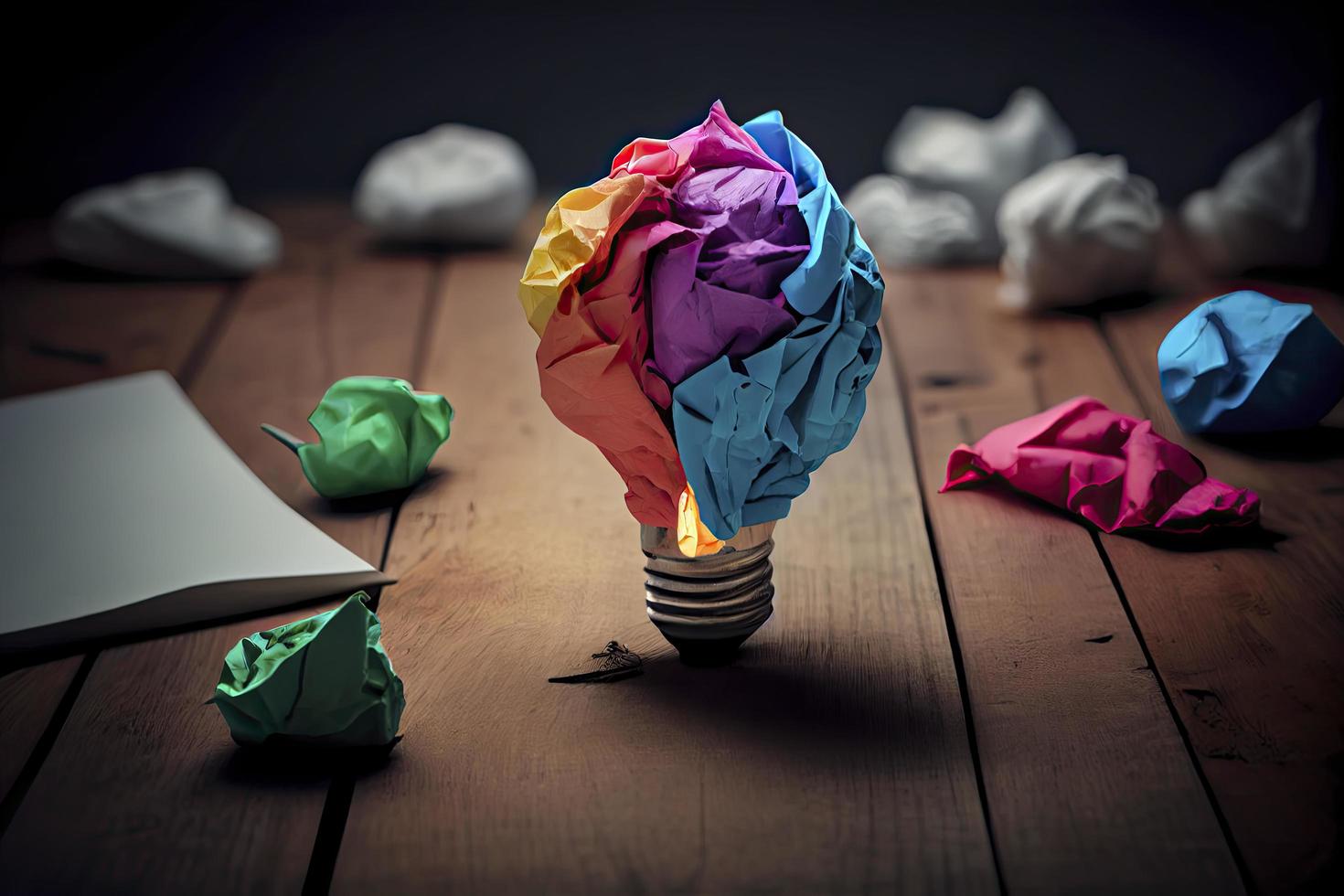 great idea concept with crumpled colorful paper and light bulb on wooden table photo