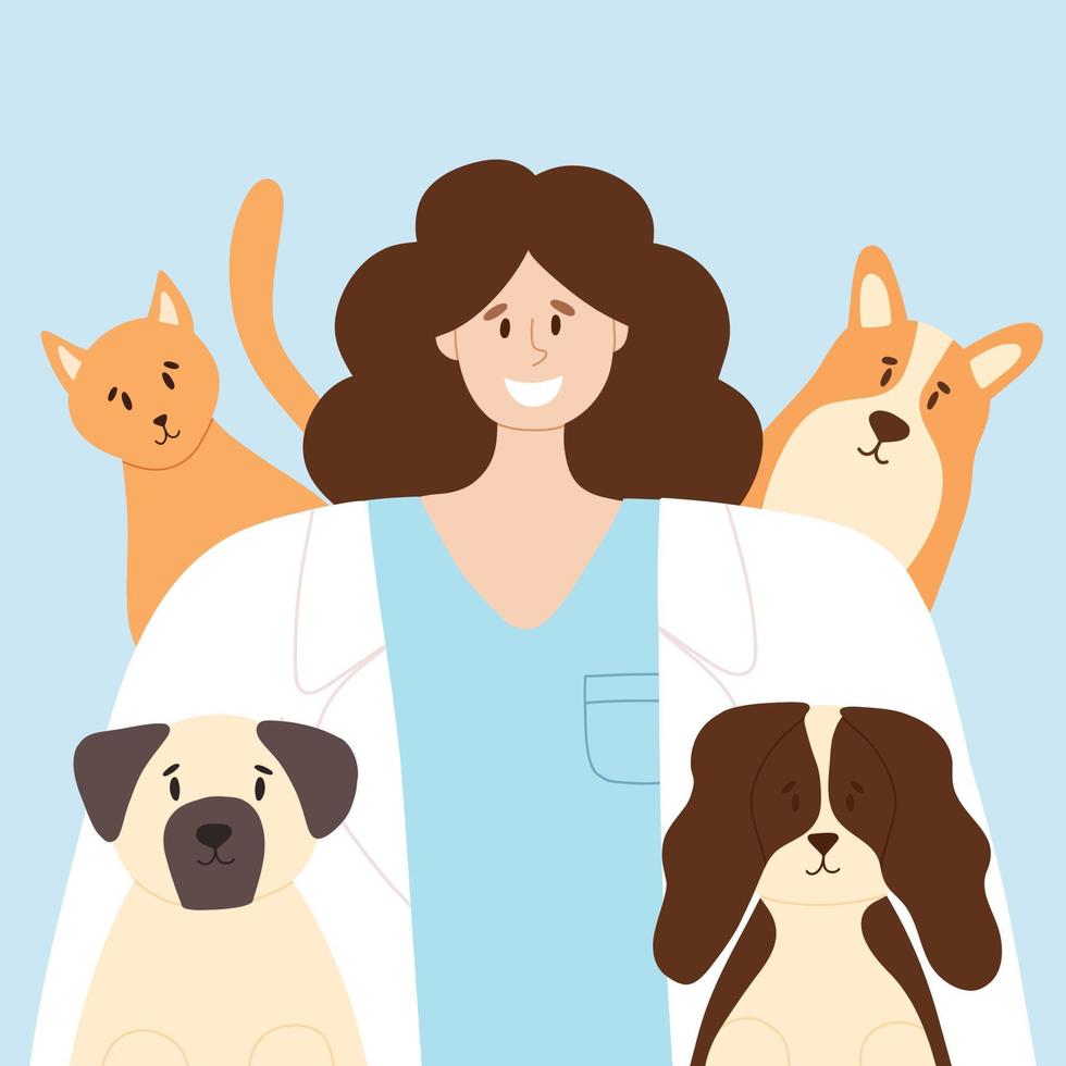 Happy veterinarian with happy cat and dogs. Animal care vector illustration. Flat style. Girl veterinary doctor.Banner to World Veterinary Day.