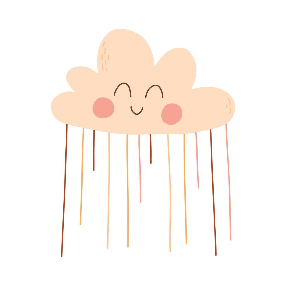 Cute cloud in boho style. Vector illustration. Flat style. Hand drawn cloud with rain isolated on white background.