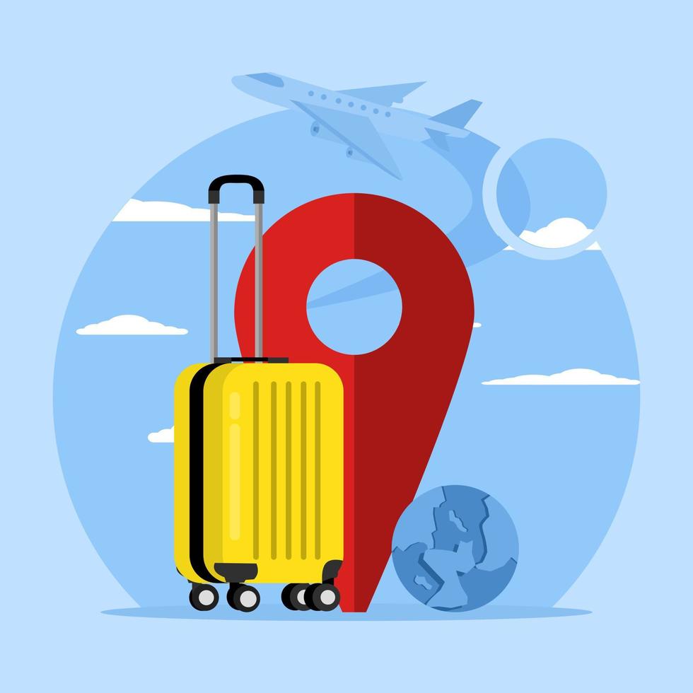 Navigation and suitcase for world tour travel planning with travel plans in summer. Suitcase location point marker and map or navigation pin icon in cloud. GPS pin icon vector rendering illustration