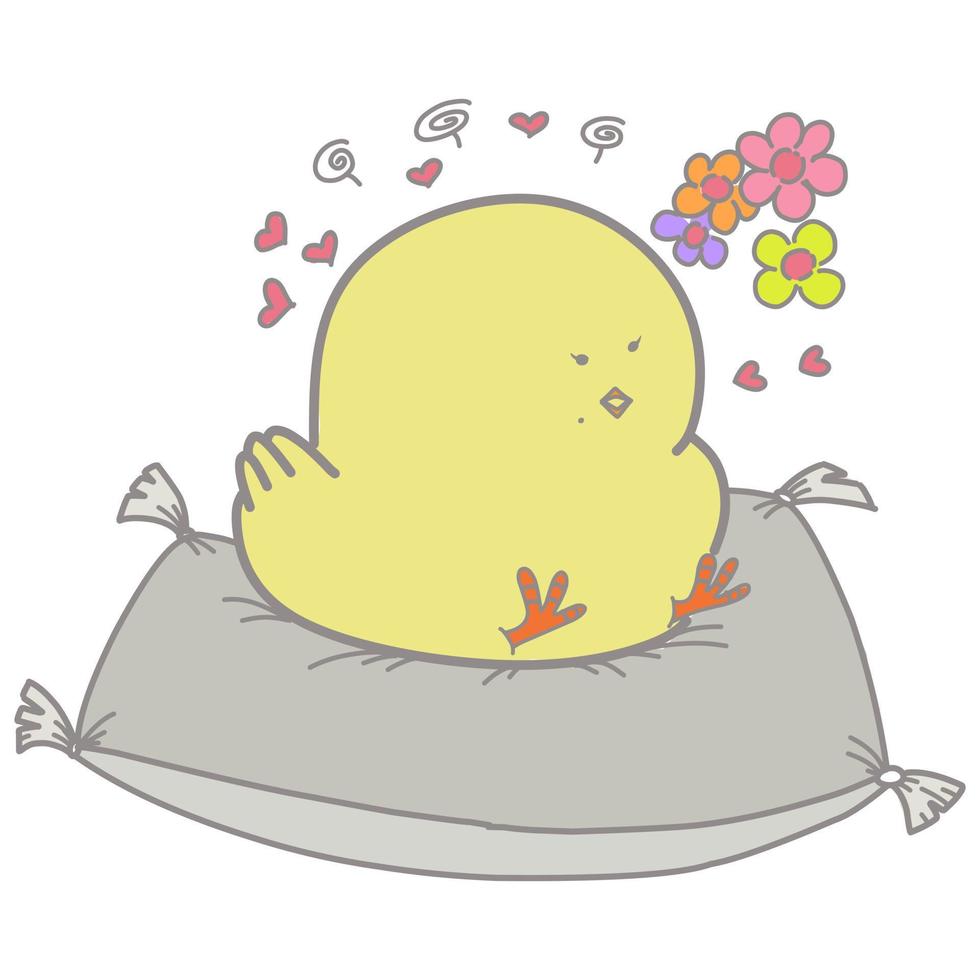 Cartoon illustration of a yellow chick, sitting on a pillow vector