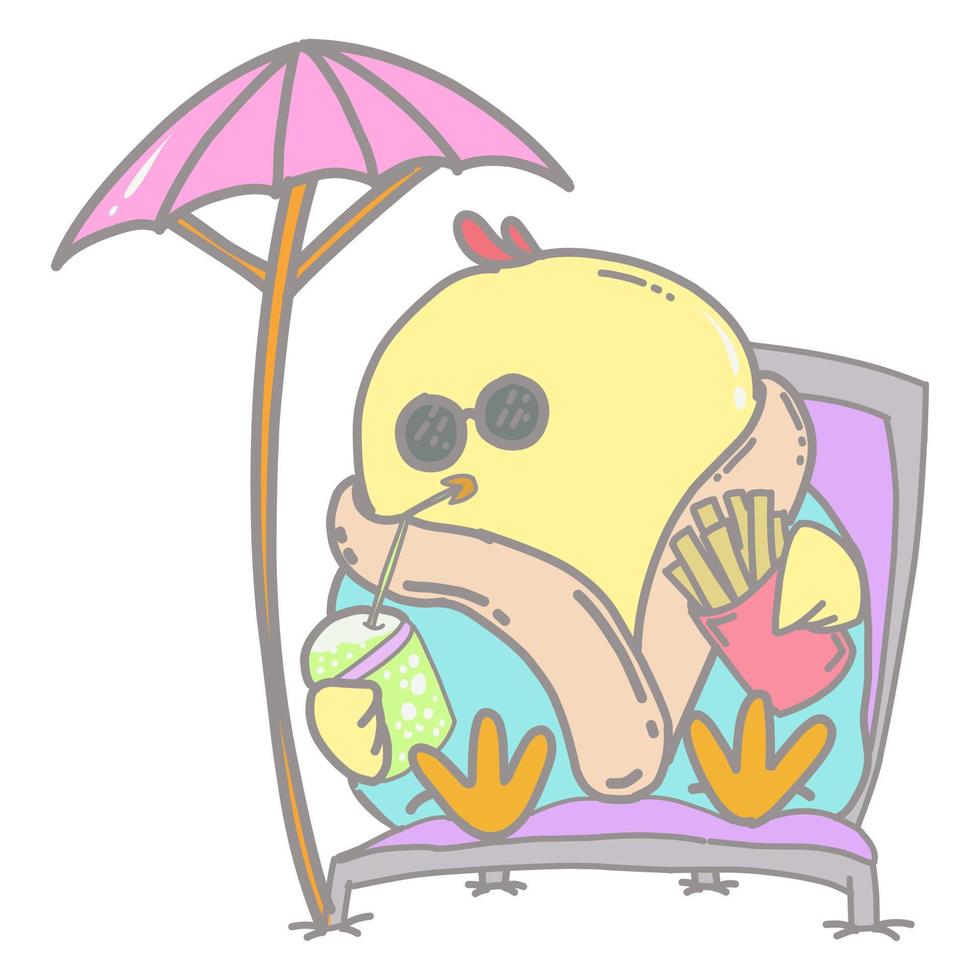 Illustration of cute yellow chick cartoon, sunbathing on the beach vector