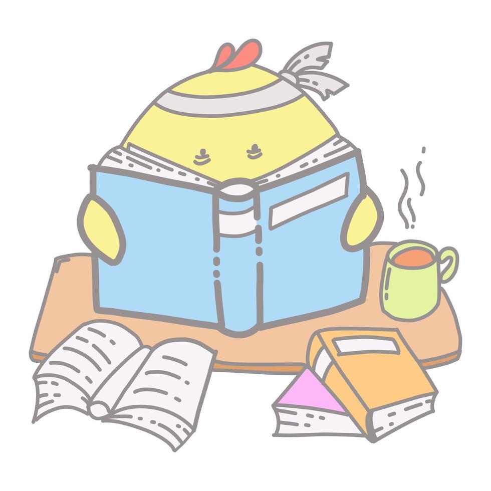 Cartoon illustration of cute yellow chicks studying hard vector