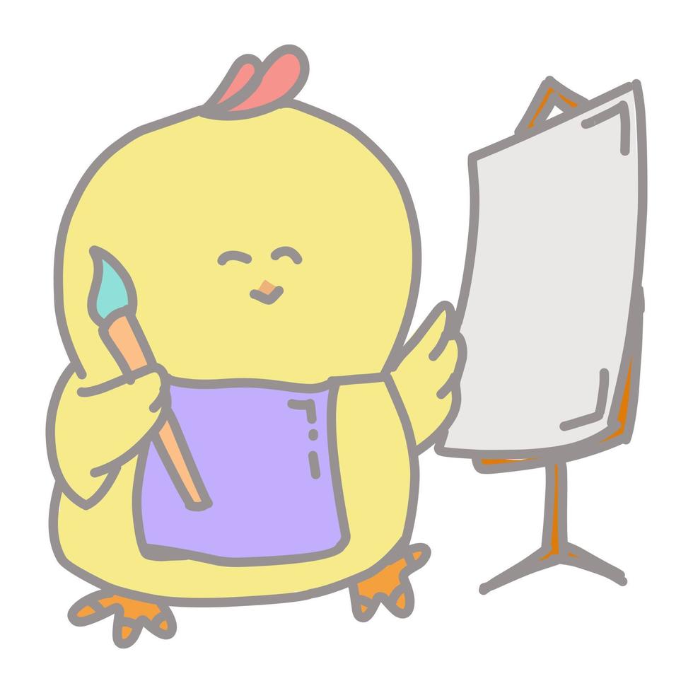 Illustration of a cute yellow cartoon chick holding a paint brush vector