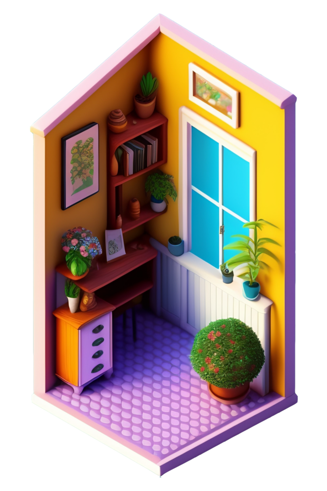 vrij 3d kamer cartoon.studie kamer isometrische visie met studie tafel canvas boom . PNG vrij downloaden