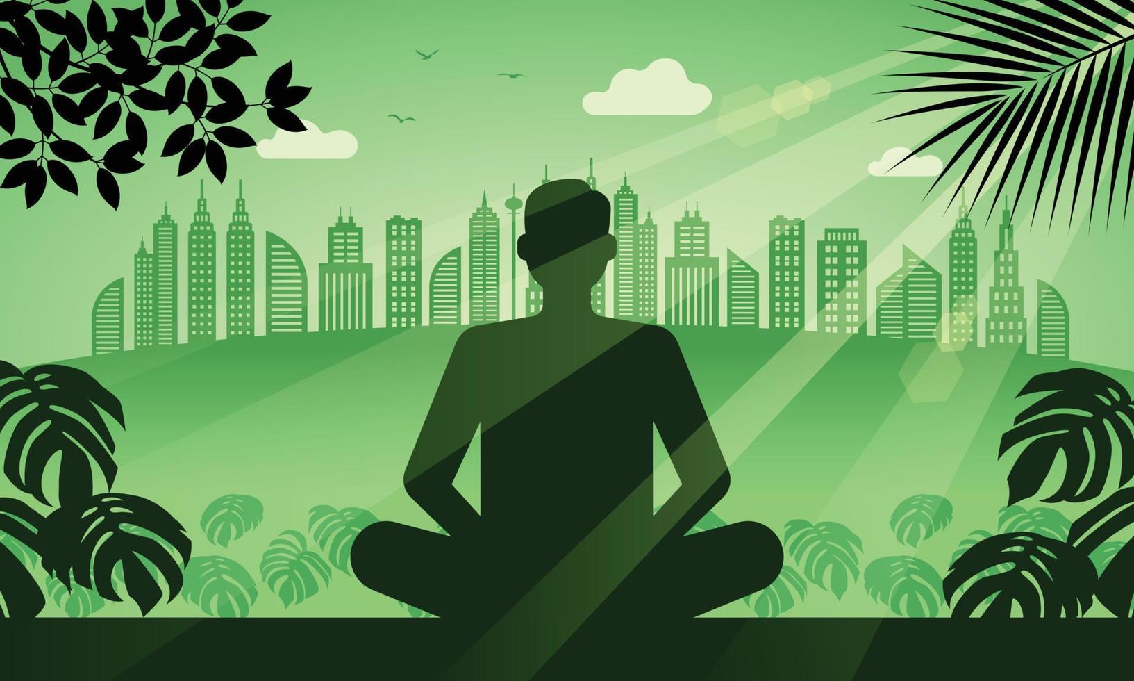 hombre meditando a un parque cerca el ciudad vector