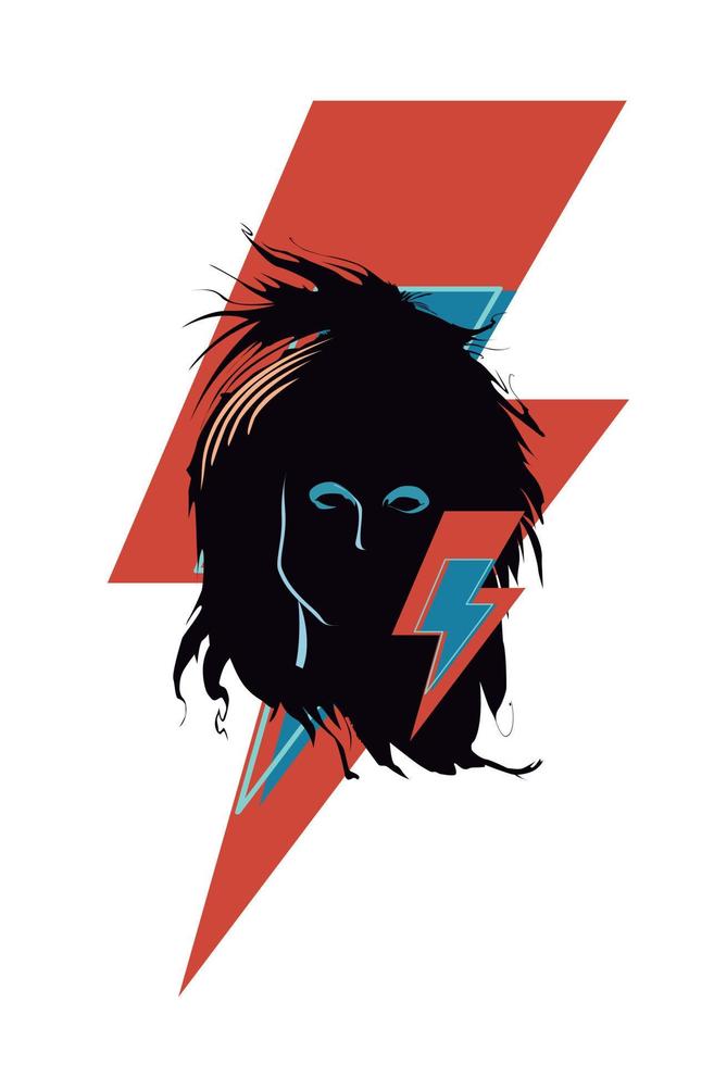 Design for a t-shirt with the symbol of thunder and the face of a rock musician from the eighties. glam rock poster vector