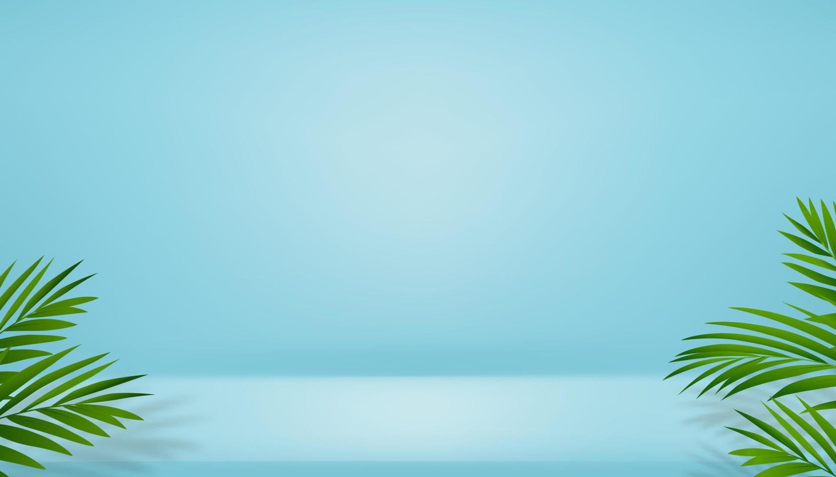 3D Studio Room Display with Coconut palm leaf and Shadow on blue wall background,Empty gallery room with podium,Vector backdrop background mockup for Spring,Summer Cosmetics,Product present,Advertise vector