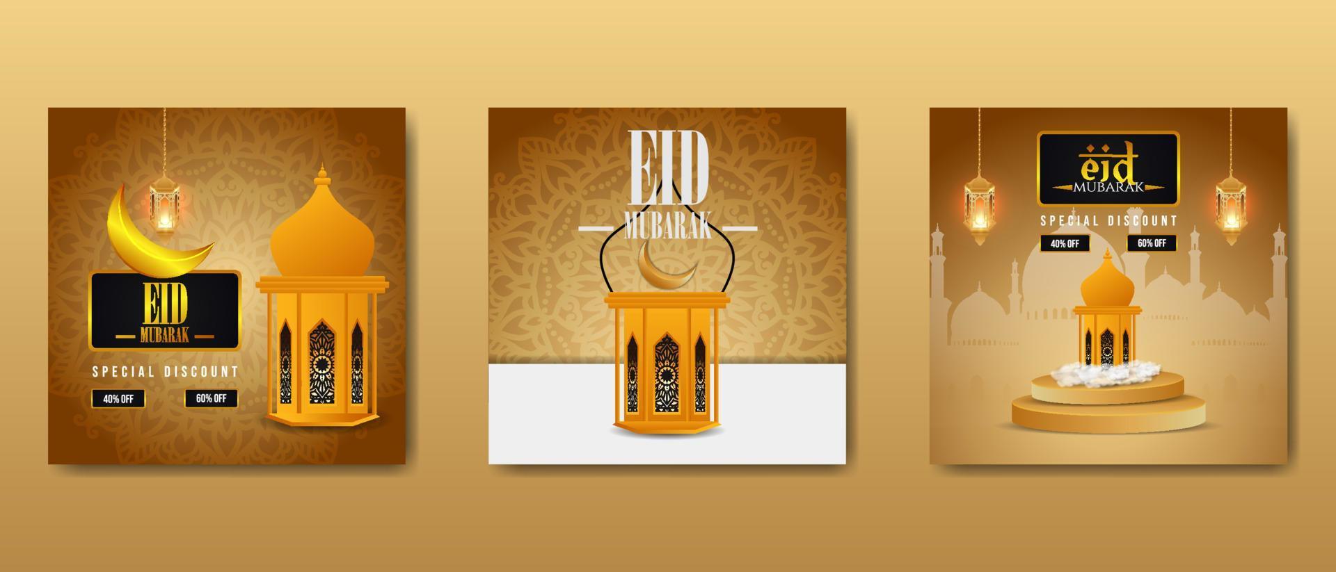 Eid big sale banner golden lanterns hang 3d podium sale poster with white floral design background vector