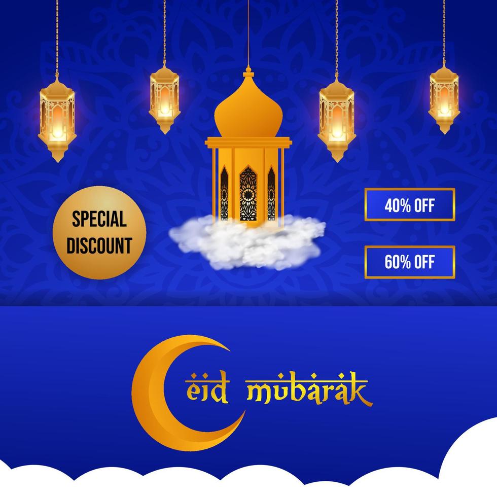 Eid big sale banner golden lanterns hang 3d podium sale poster with white floral design background vector