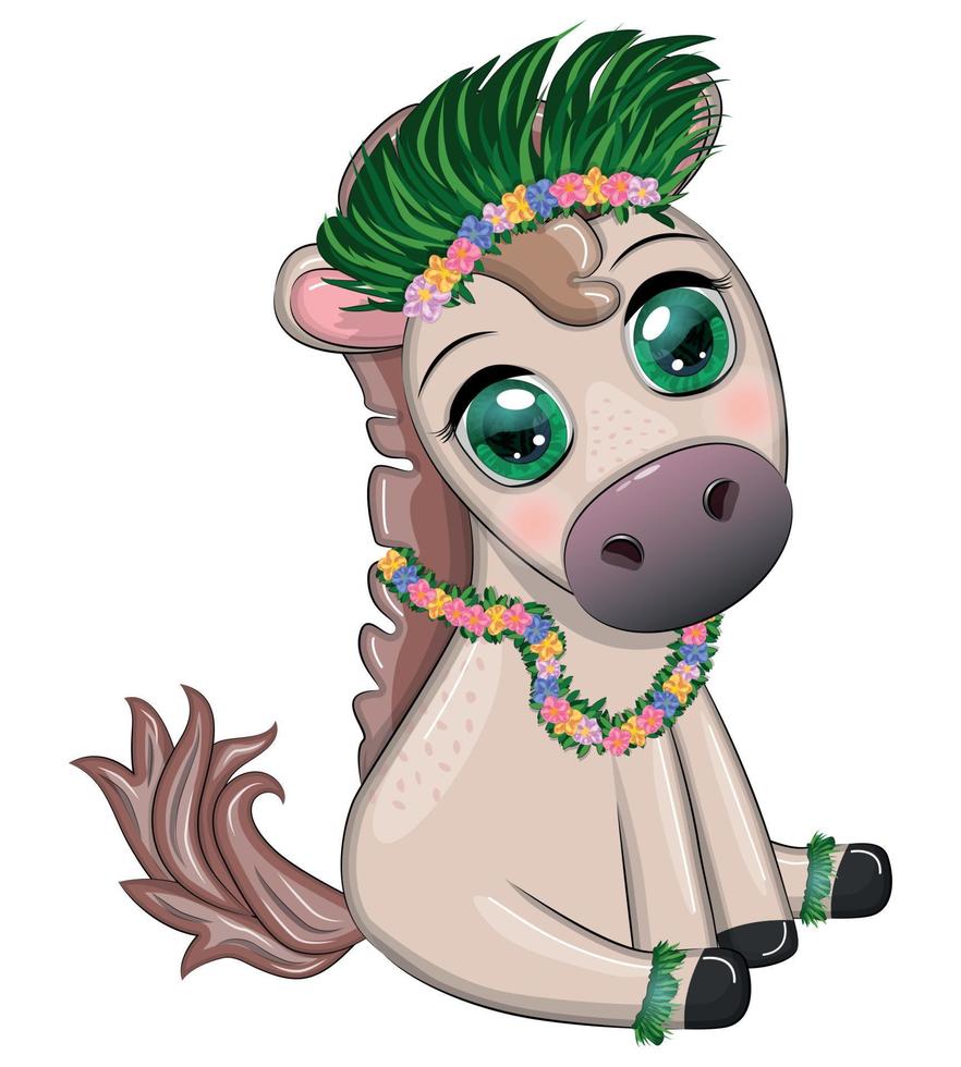Nice horse, pony in flower wreath, hat, guitar, hula dancer from Hawaii. Summer card for the festival, travel banner vector