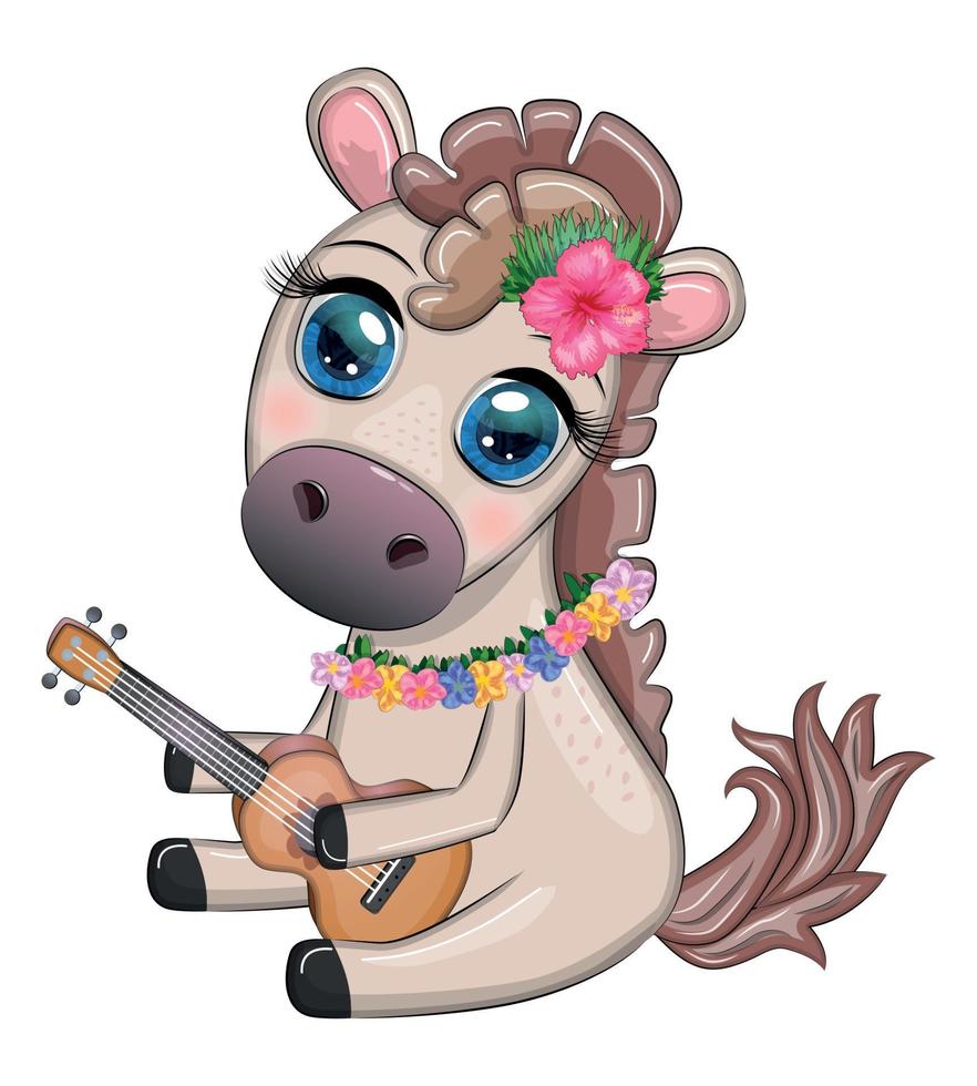 Nice horse, pony in flower wreath, hat, guitar, hula dancer from Hawaii. Summer card for the festival, travel banner vector