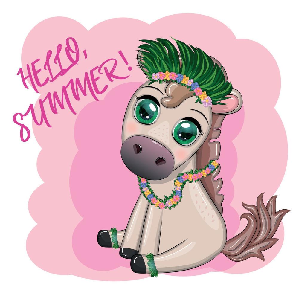 Nice horse, pony in flower wreath, hat, guitar, hula dancer from Hawaii. Summer card for the festival, travel banner vector