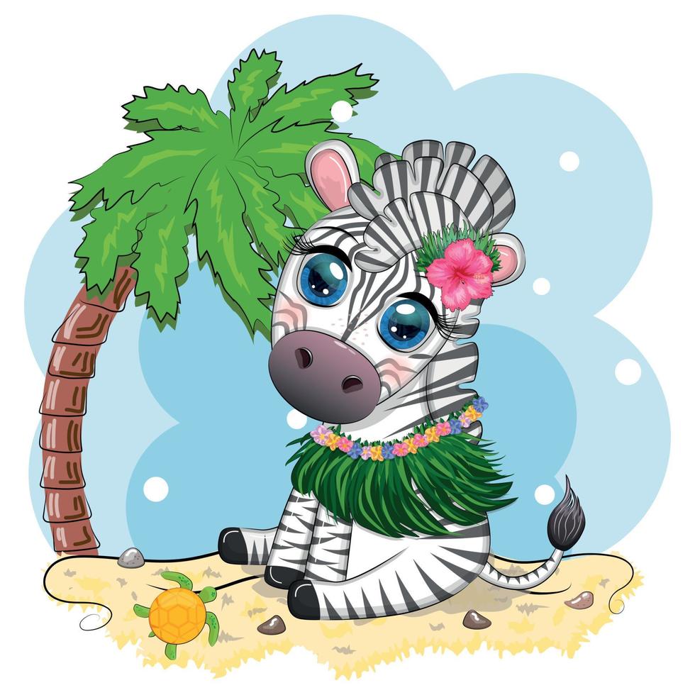 Cute zebra in hula dancer costume, Hawaii, child character. Animal in summer. Summer holidays, vacation vector