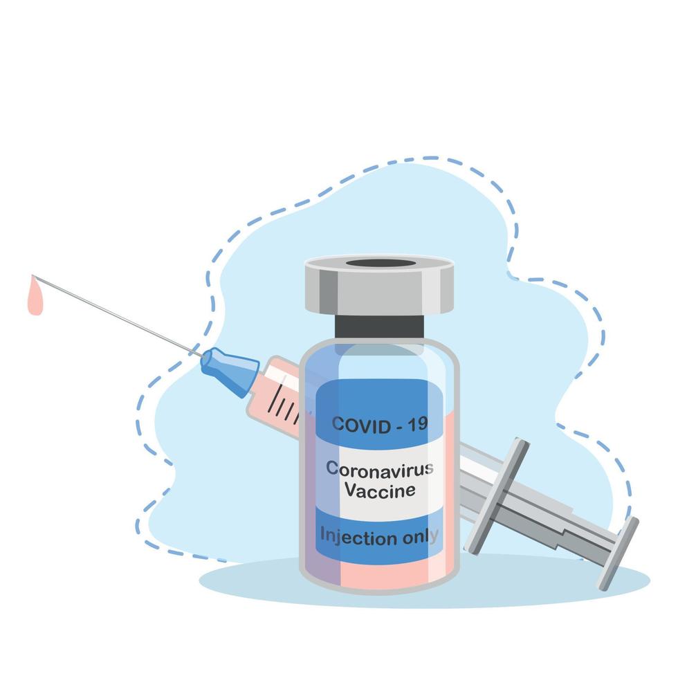 covid-19 coronavirus concepto. vacuna frasco y jeringuilla. pandemia covid-19 brote. aislado icono. plano vector