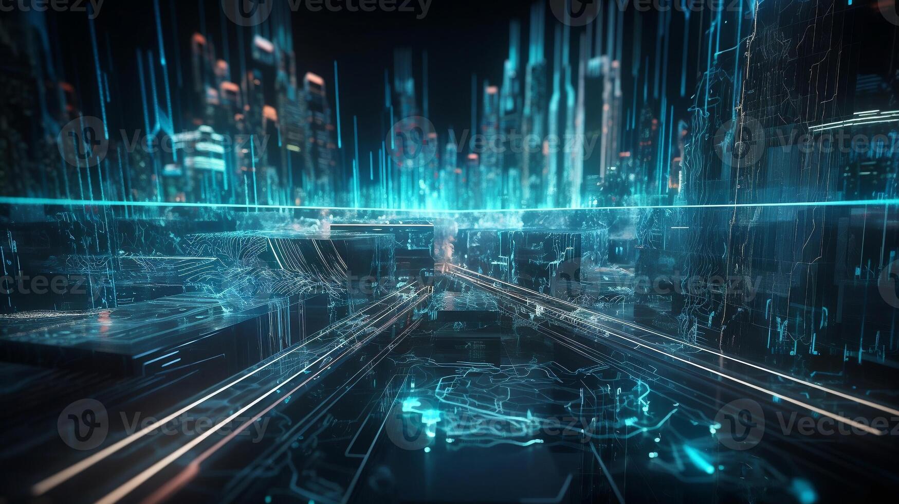 3D illustration of a futuristic data stream with futuristic city background. photo