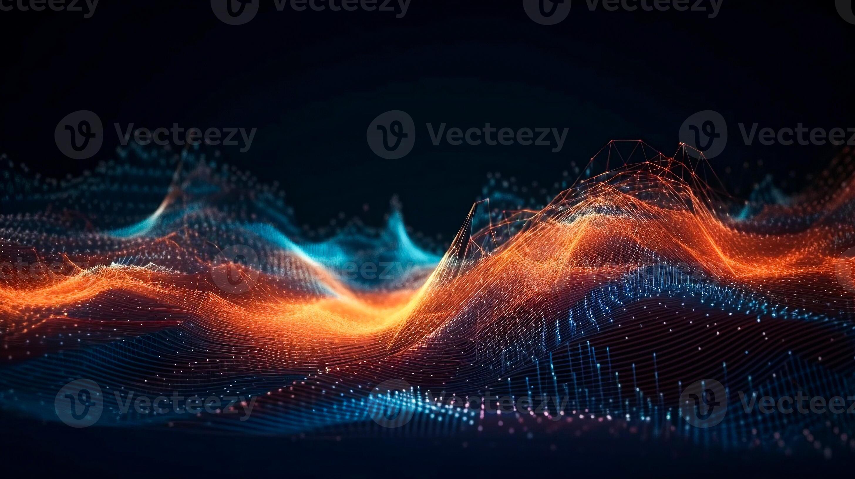 Network line of connecting stream with wave of particles representing