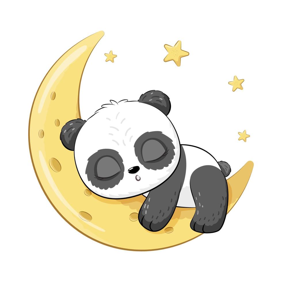 Cute panda is sleeping sweetly on the moon. Vector illustration of a cartoon.