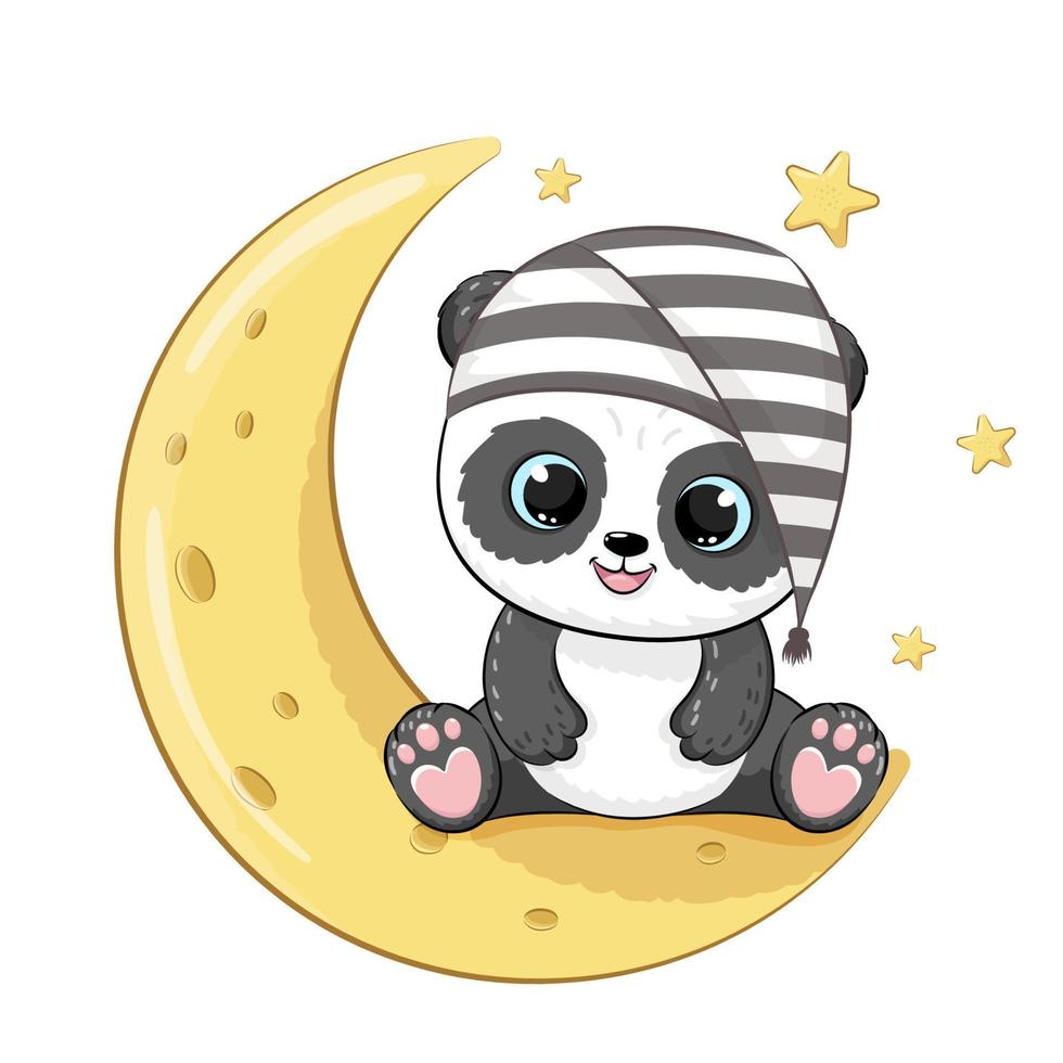 Cute panda on the moon in a sleeping cap. Vector illustration of a cartoon.