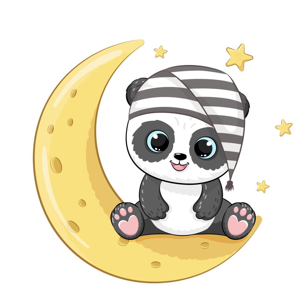 linda panda en el Luna en un dormido gorra. vector ilustración de un dibujos animados.