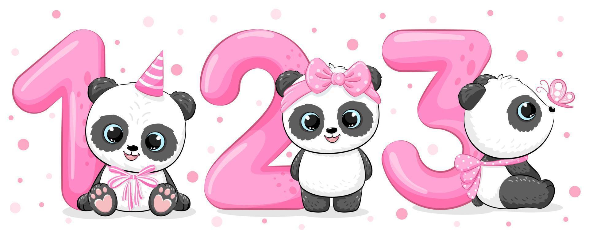 Collection of cute panda girls HAPPY birthday, 1,2,3 years. Vector illustration of a cartoon.
